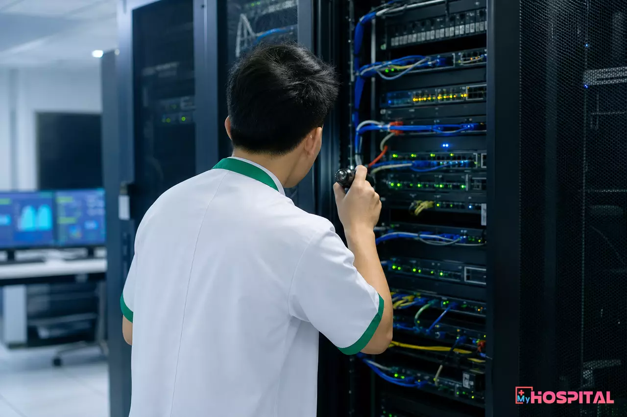 Kỹ thuật viên IT kiểm tra tủ mạng nội bộ bệnh viện khi kết nối giữa trạm và máy chủ bị gián đoạn