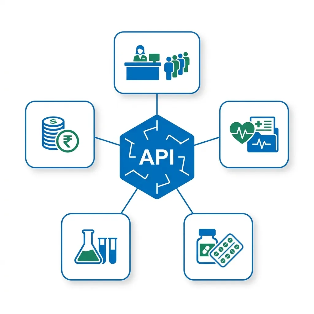 Sơ đồ kiến trúc modular HIS: API Gateway kết nối các module đăng ký, EMR, dược, xét nghiệm, tài chính