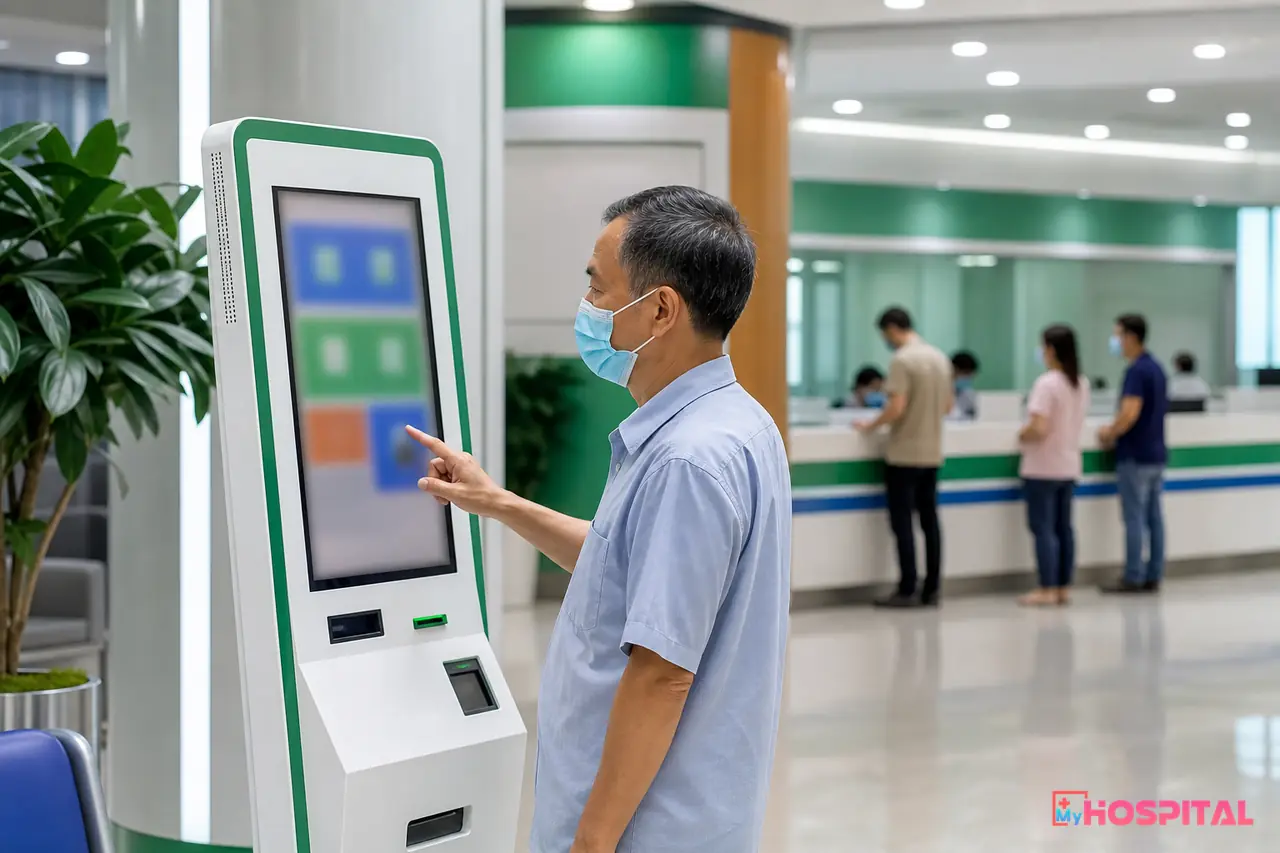 Người bệnh sử dụng kiosk tự thanh toán viện phí tại sảnh bệnh viện