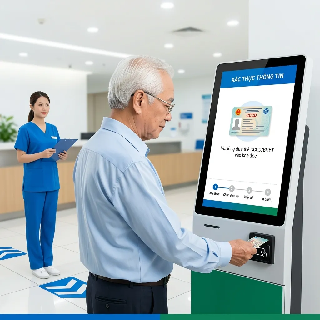 Người bệnh sử dụng kiosk tự phục vụ tiếp đón tại sảnh bệnh viện