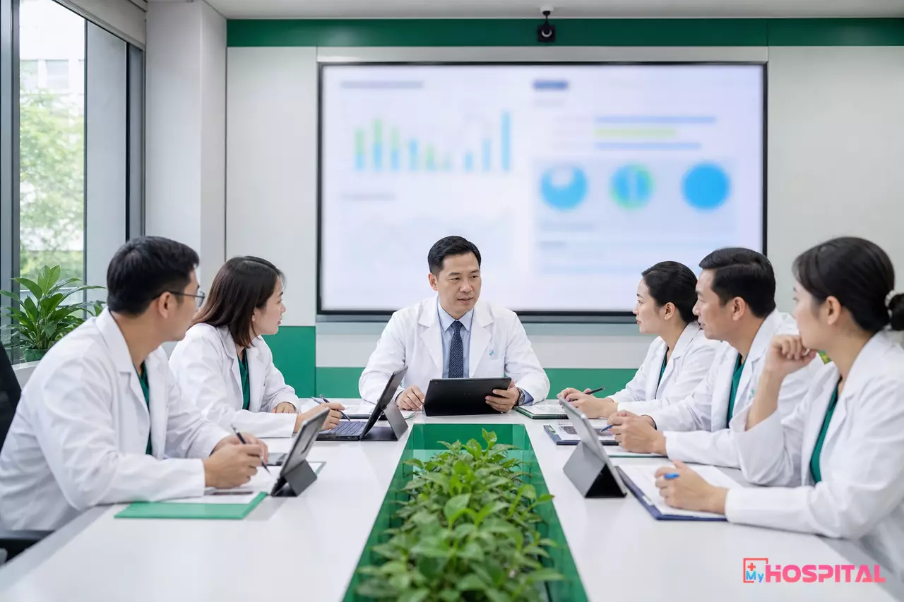 Ban giám đốc và trưởng khoa giao ban buổi sáng về các chỉ số KPI vận hành bệnh viện