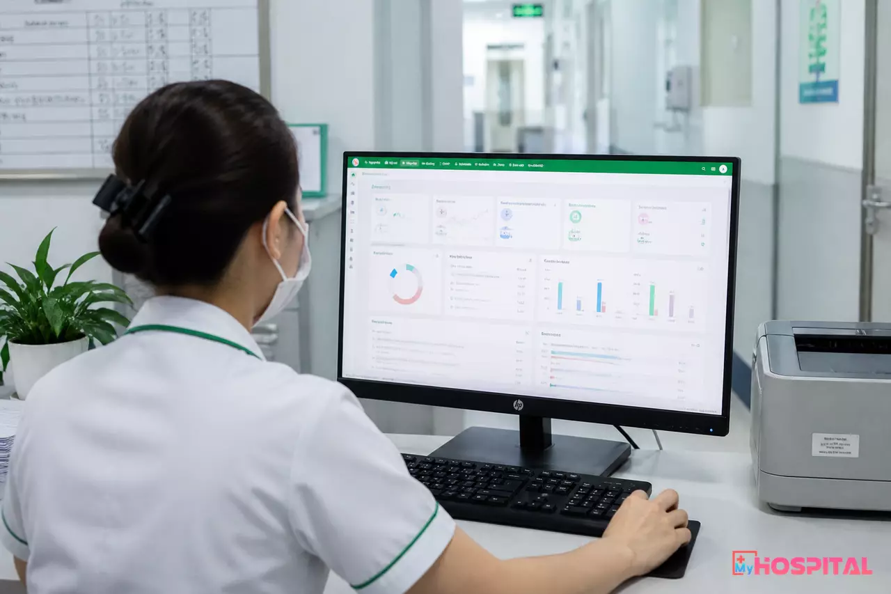 Phó giám đốc chuyên môn và điều dưỡng trưởng xem số liệu vận hành tại khoa nội