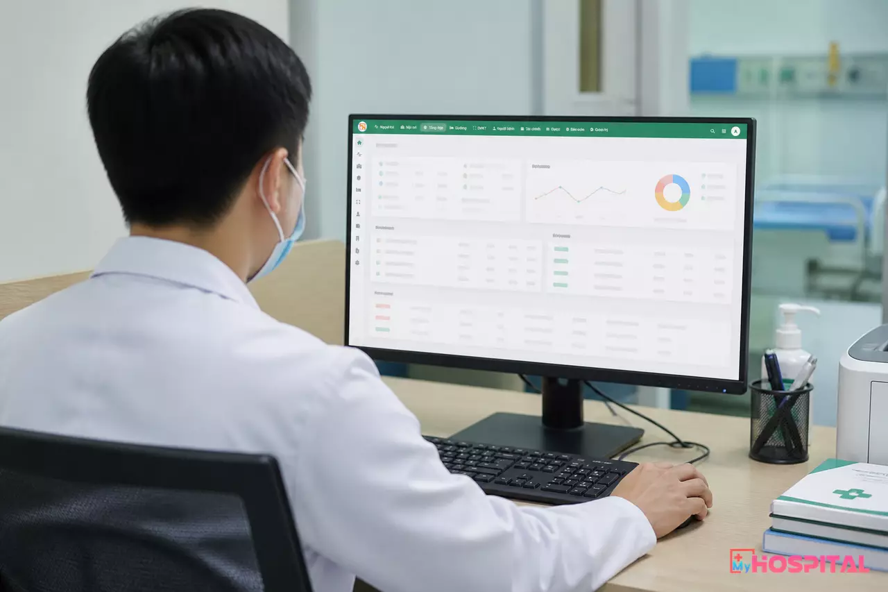 Bác sĩ nhìn từ phía sau hoàn tất hồ sơ bệnh án điện tử trên máy tính