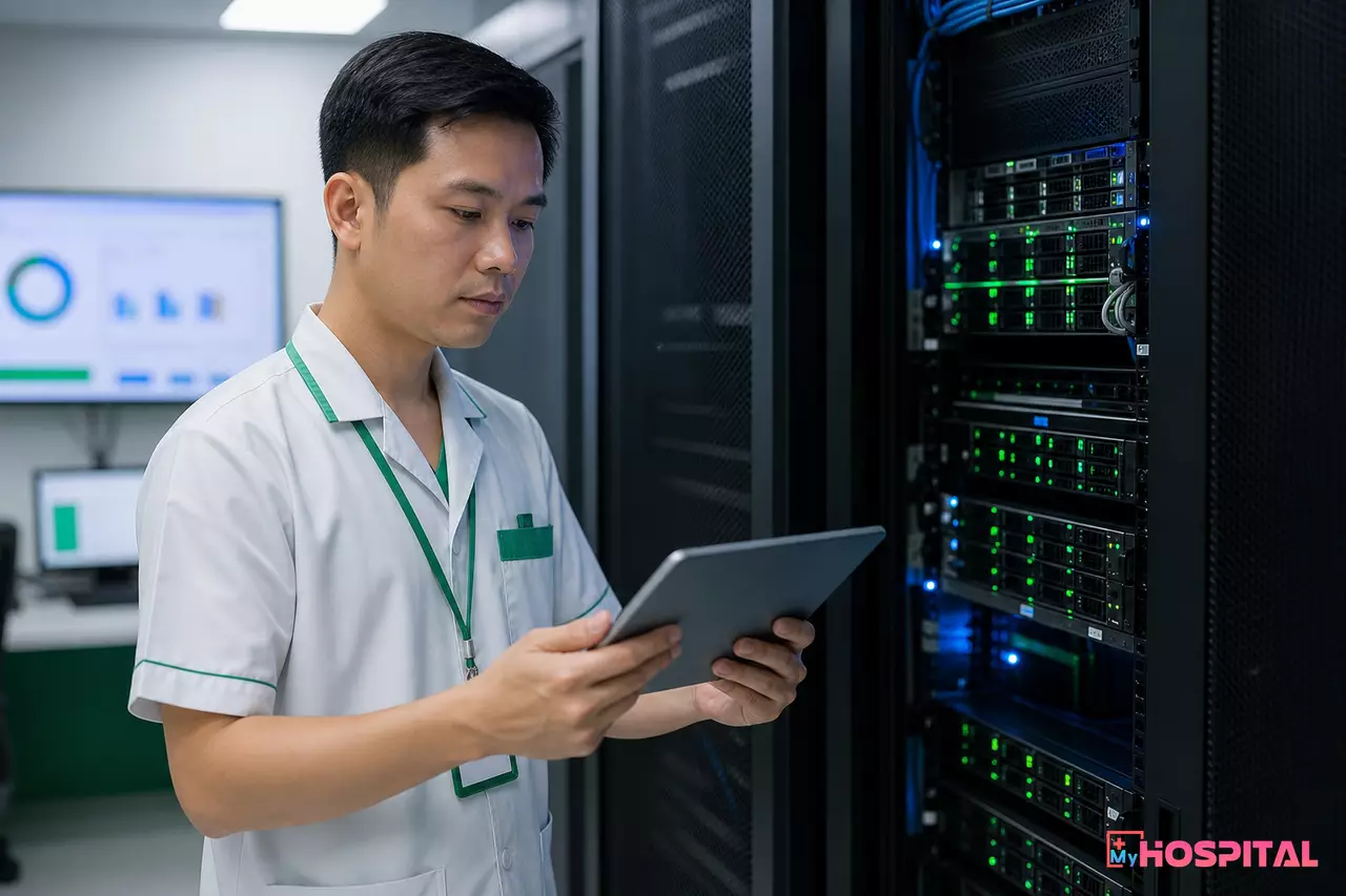 Cán bộ công nghệ thông tin kiểm tra hệ thống lưu trữ chứng thư và dữ liệu ký số