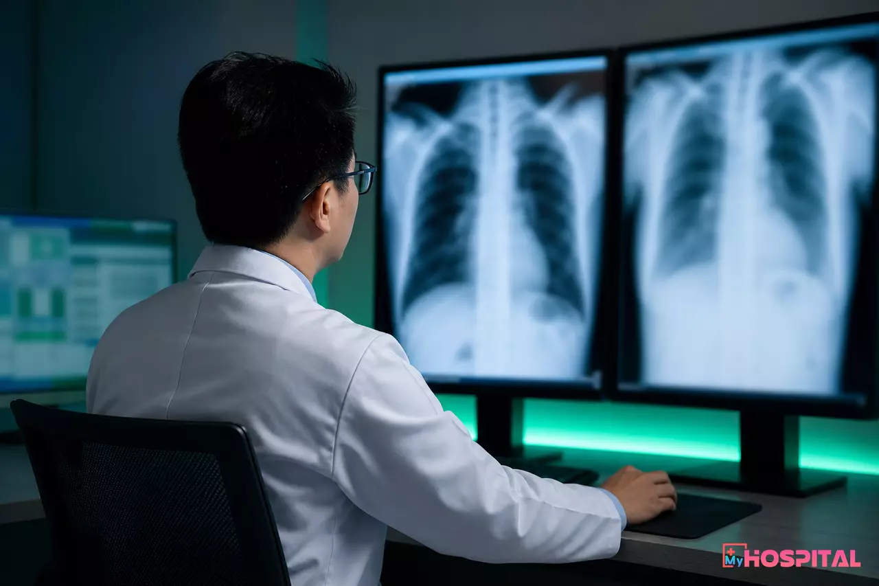 Bác sĩ chẩn đoán hình ảnh đọc phim trước màn hình chuyên dụng