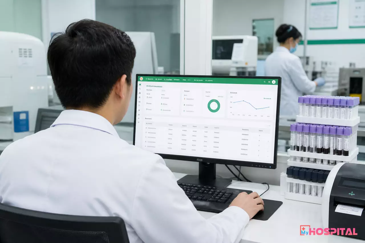 Bác sĩ duyệt và ký kết quả xét nghiệm trên phần mềm tại phòng xét nghiệm