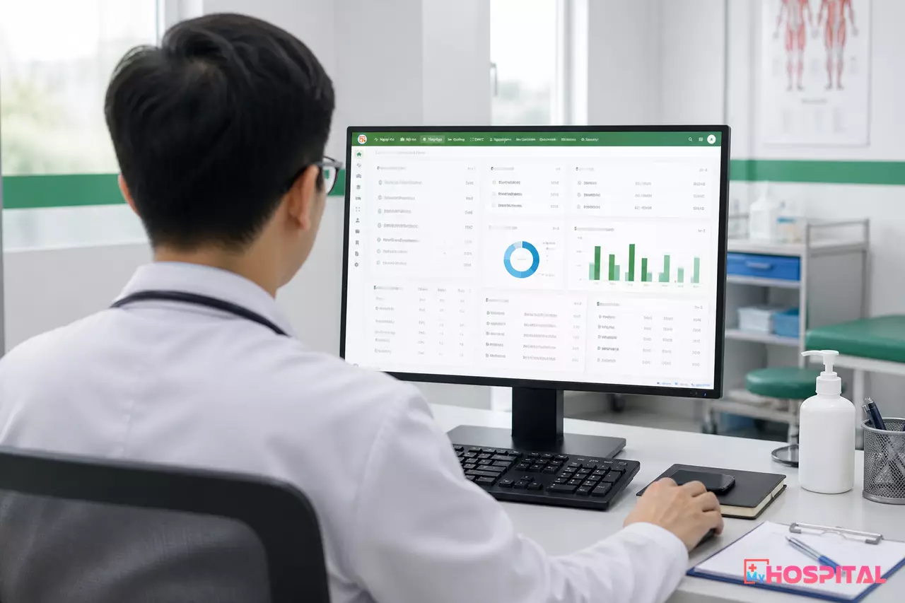 Bác sĩ thao tác hồ sơ trên máy tính tại phòng khám bệnh viện
