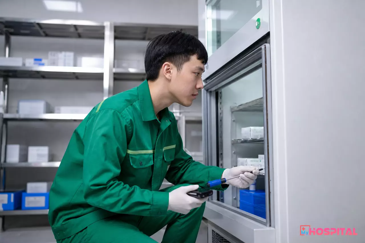 Kỹ thuật viên kiểm tra gioăng cửa và bảo trì tủ lạnh bảo quản vắc xin trong kho dược