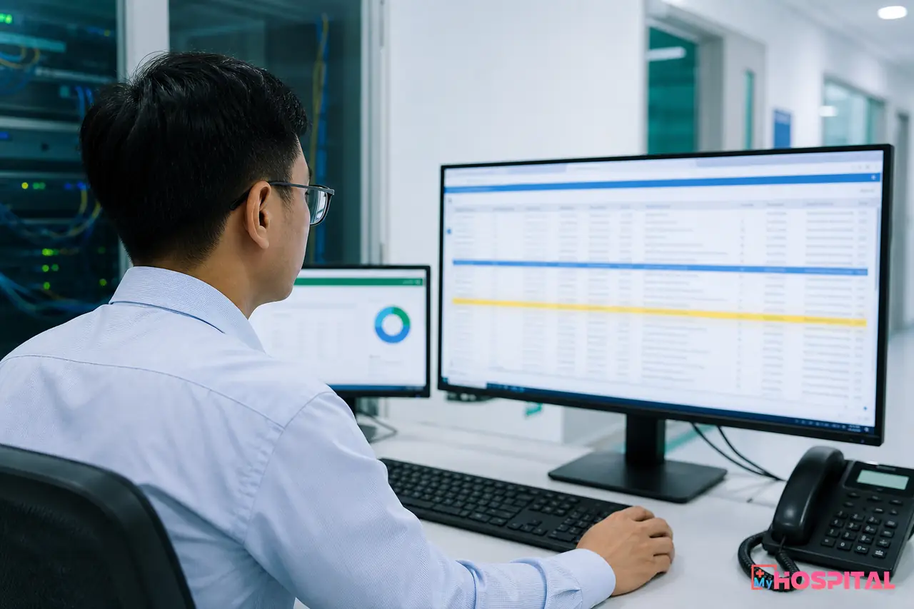 Kỹ thuật viên kiểm tra log đối soát giao dịch thanh toán POS trên phần mềm HIS