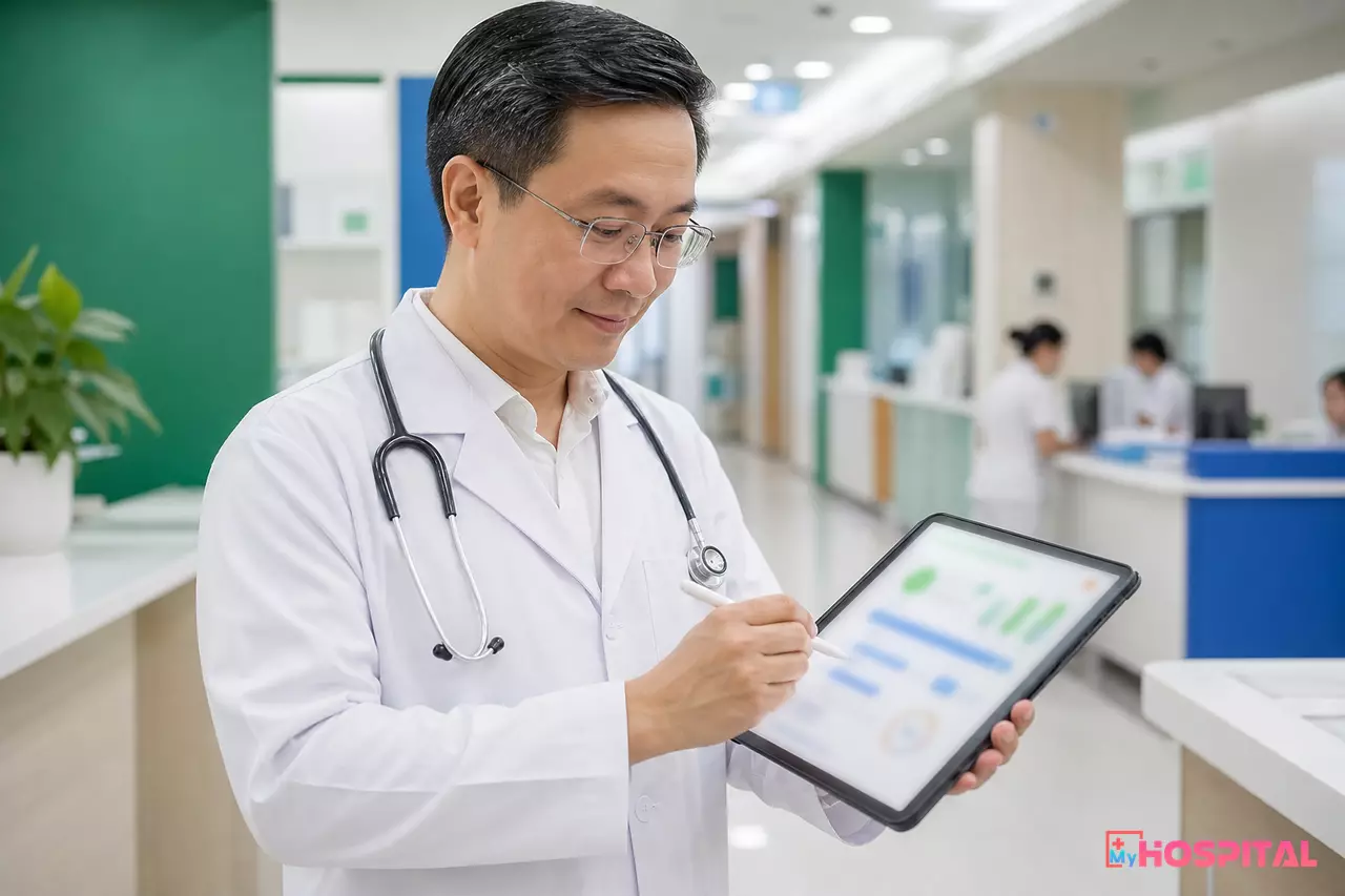 Bác sĩ ký xác nhận bệnh án điện tử trên máy tính bảng tại khoa nội trú