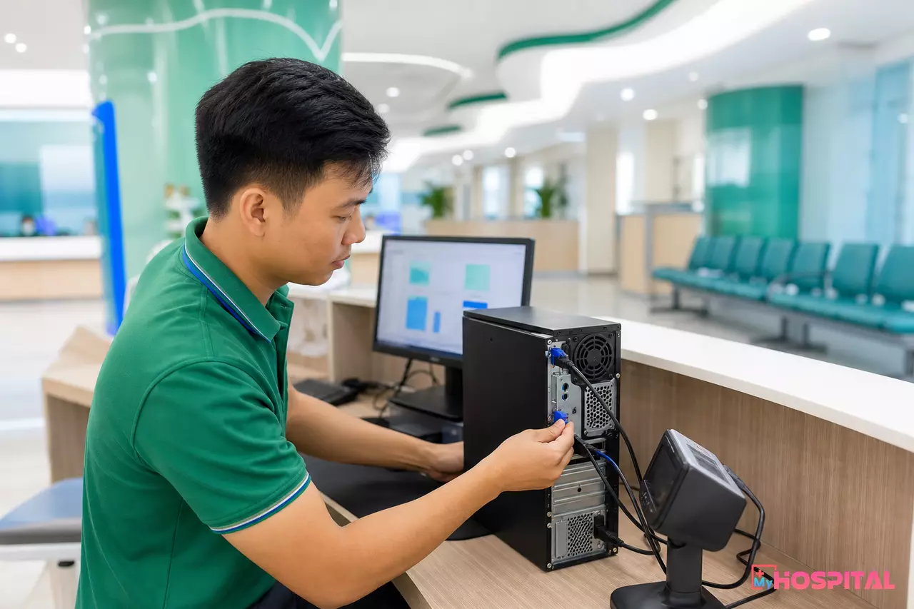 Nhân viên IT lắp đặt thiết bị tại quầy tiếp đón bệnh viện