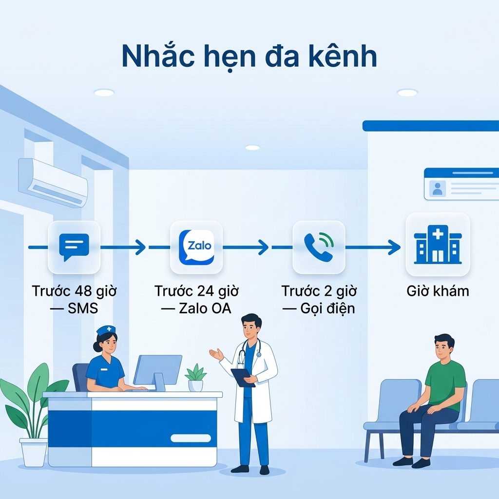 Lịch nhắc hẹn đa kênh theo mốc 48h 24h 2h qua SMS Zalo OA và gọi điện