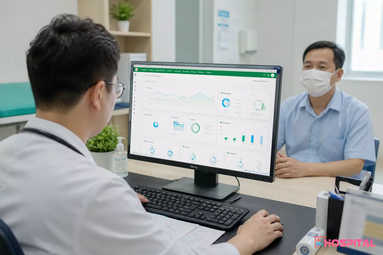 Bác sĩ ngồi trước màn hình xem kết quả cận lâm sàng của người bệnh trong phòng khám
