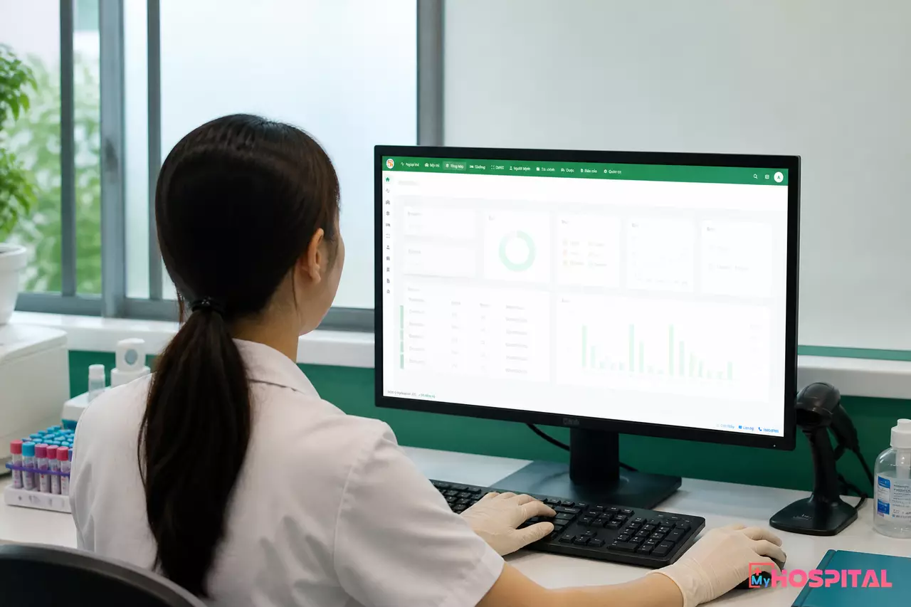 Kỹ thuật viên ngồi trước màn hình phần mềm xét nghiệm trong phòng khám nhỏ
