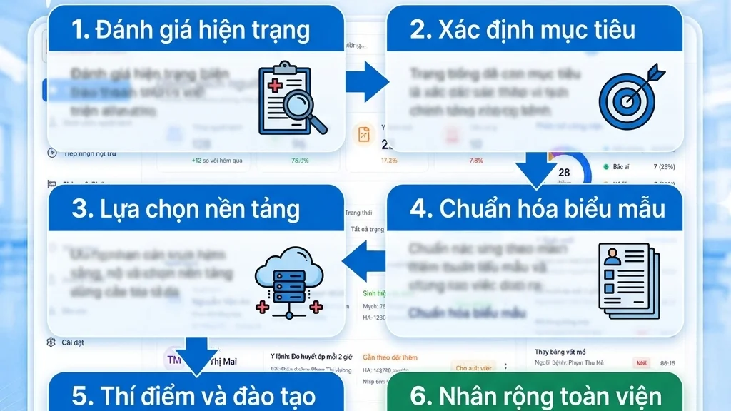 Sơ đồ lộ trình sáu bước chuyển đổi sang bệnh án điện tử từ đánh giá hiện trạng đến nhân rộng toàn viện