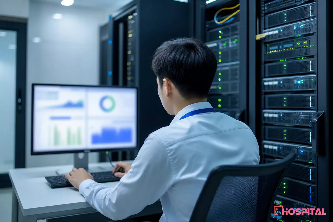 Nhân viên IT bệnh viện kiểm tra cấu hình xuất báo cáo trên máy chủ