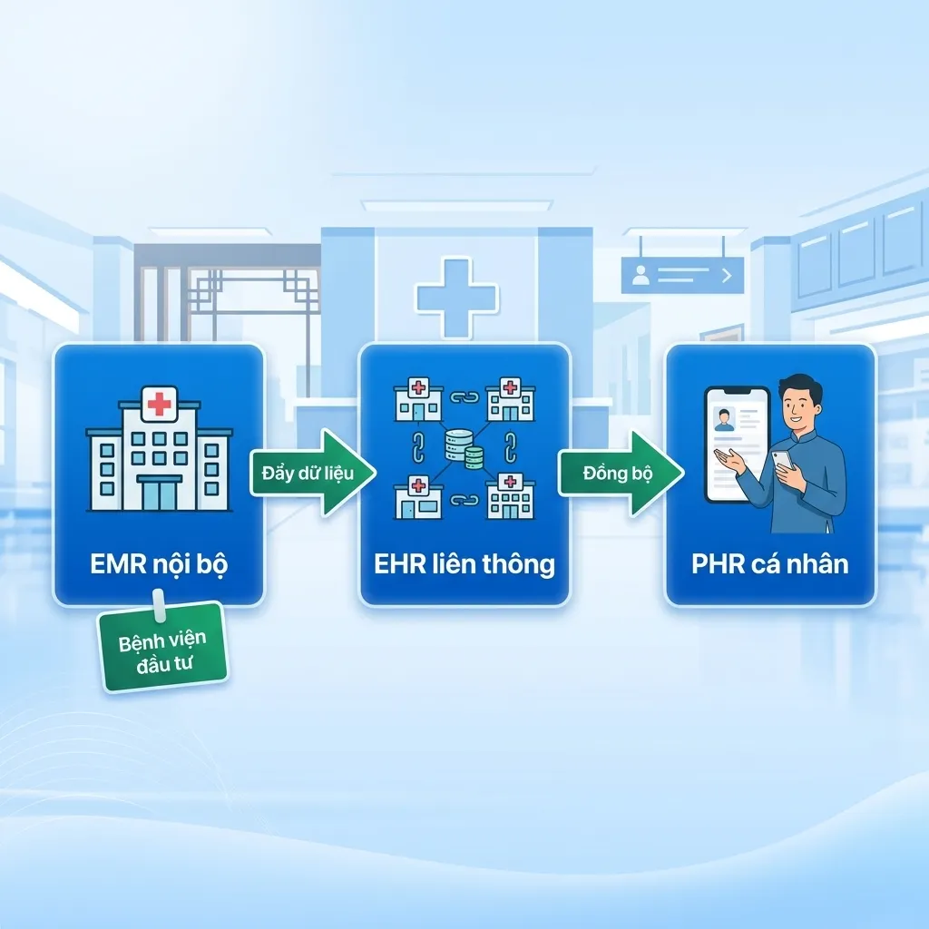 Biểu đồ luồng dữ liệu từ EMR nội bộ lên EHR liên thông và đồng bộ về PHR cá nhân