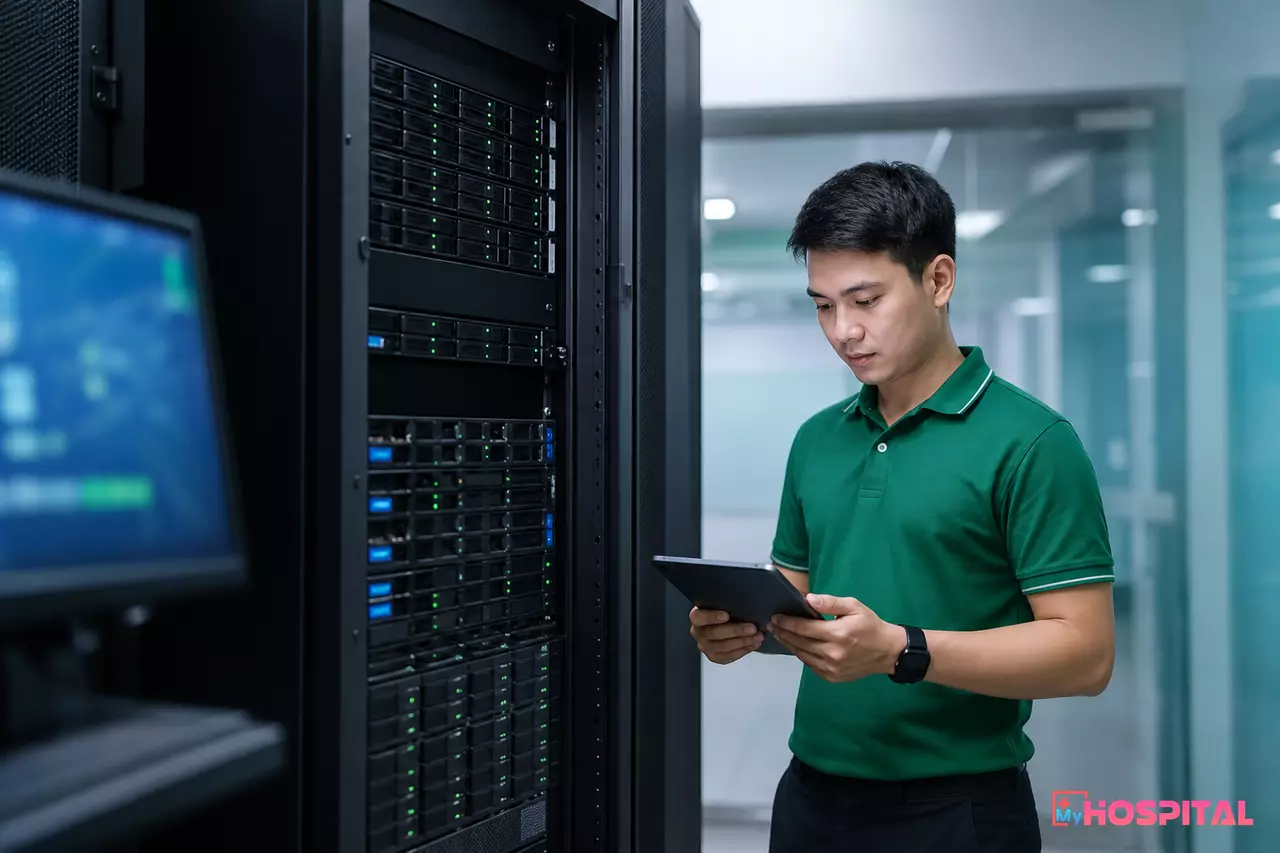 Kỹ thuật viên công nghệ thông tin kiểm tra tủ máy chủ lưu trữ ảnh DICOM trong phòng máy bệnh viện