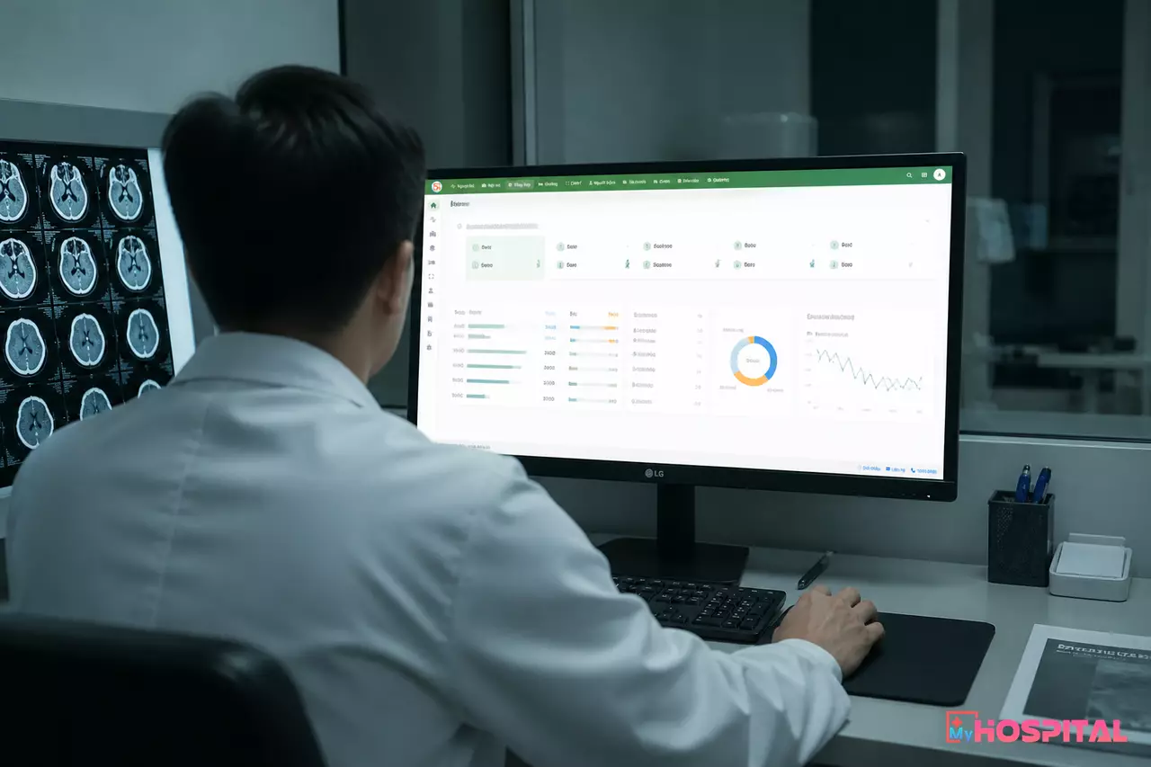 Bác sĩ chẩn đoán hình ảnh đọc phim trên PACS, ảnh cũ được tải lên sẵn từ tầng lưu trữ lạnh