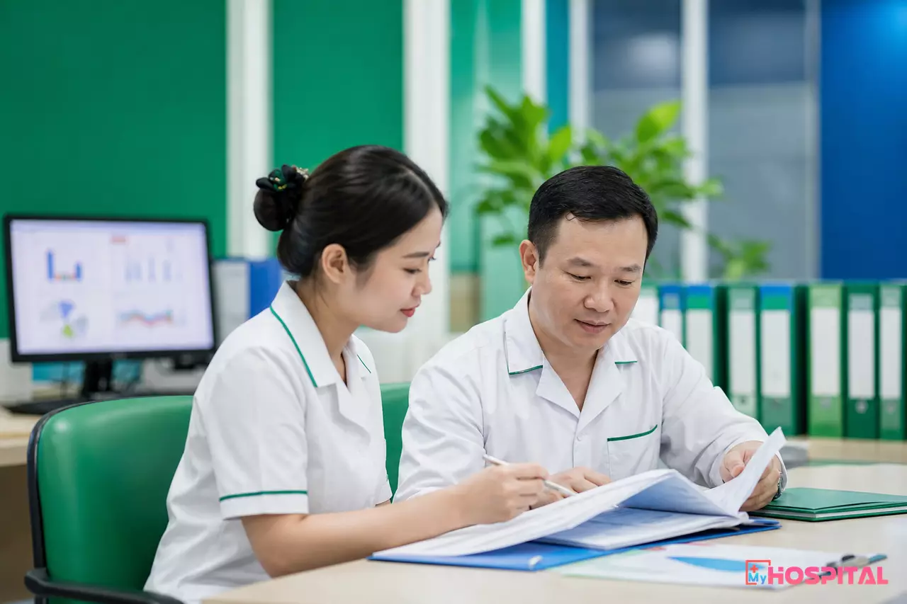 Hai cán bộ bệnh viện đối chiếu hồ sơ tại phòng kế hoạch tổng hợp