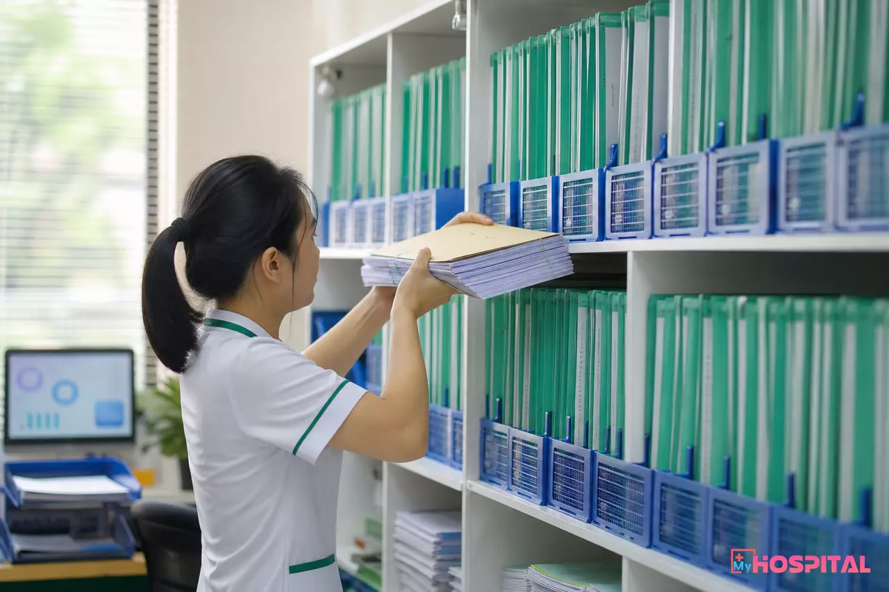 Hồ sơ chứng từ kế toán viện phí được sắp xếp lưu trữ tại phòng tài chính bệnh viện