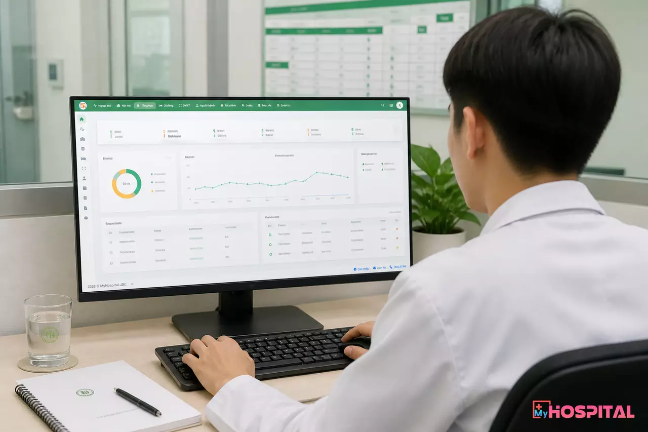 Chuyên viên phòng kế hoạch tổng hợp ngồi trước máy tính xem báo cáo điều hành từ phần mềm quản lý bệnh viện