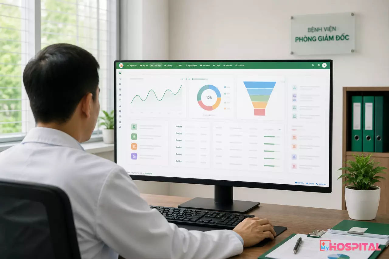 Giám đốc xem màn hình điều hành tổng hợp chỉ số hằng ngày của bệnh viện trên máy tính