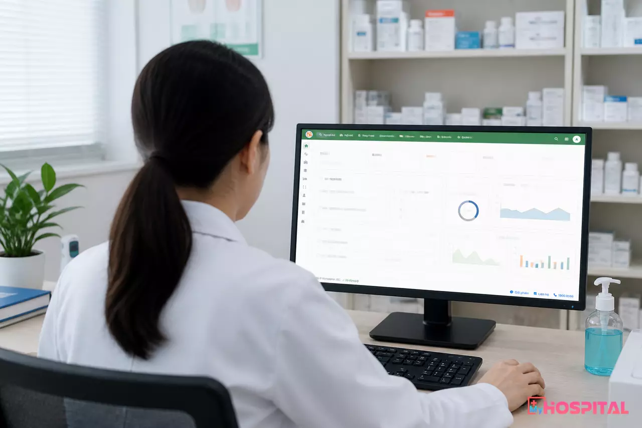 Màn hình phần mềm MyHospital hiển thị module liên kho giữa nhà thuốc GPP và kho dược bệnh viện