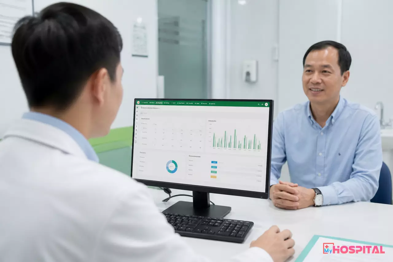 Bác sĩ tra cứu hồ sơ người bệnh trên phần mềm tại phòng khám