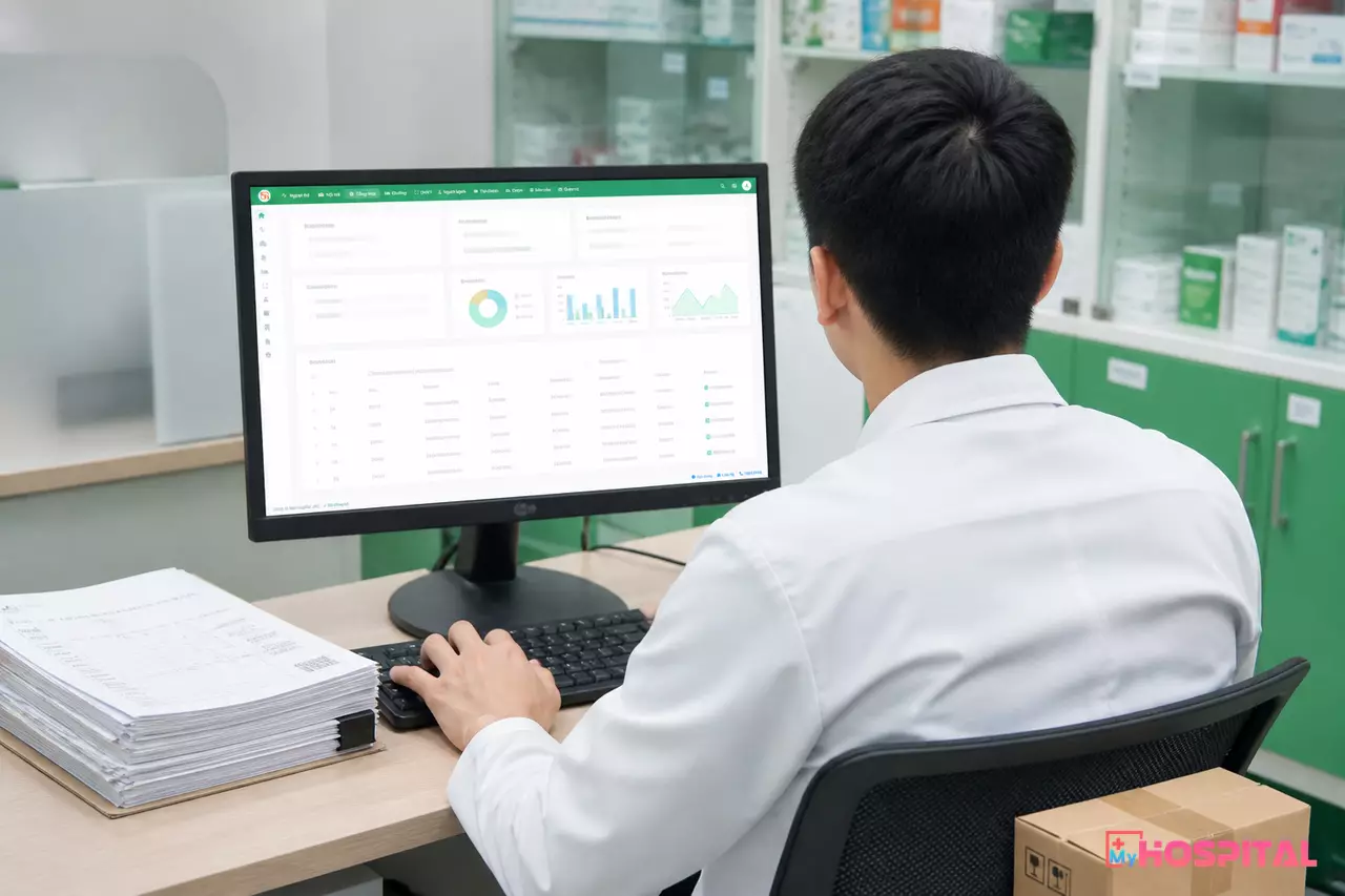 Dược sĩ thao tác trên máy tính để phân loại nguồn gốc thuốc trong kho dược
