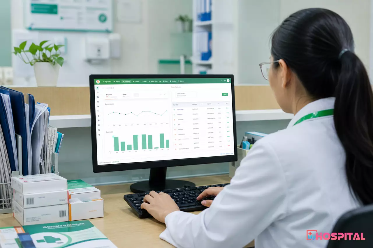 Màn hình phần mềm MyHospital hiển thị danh sách lô thuốc cận hạn dùng cần xử lý