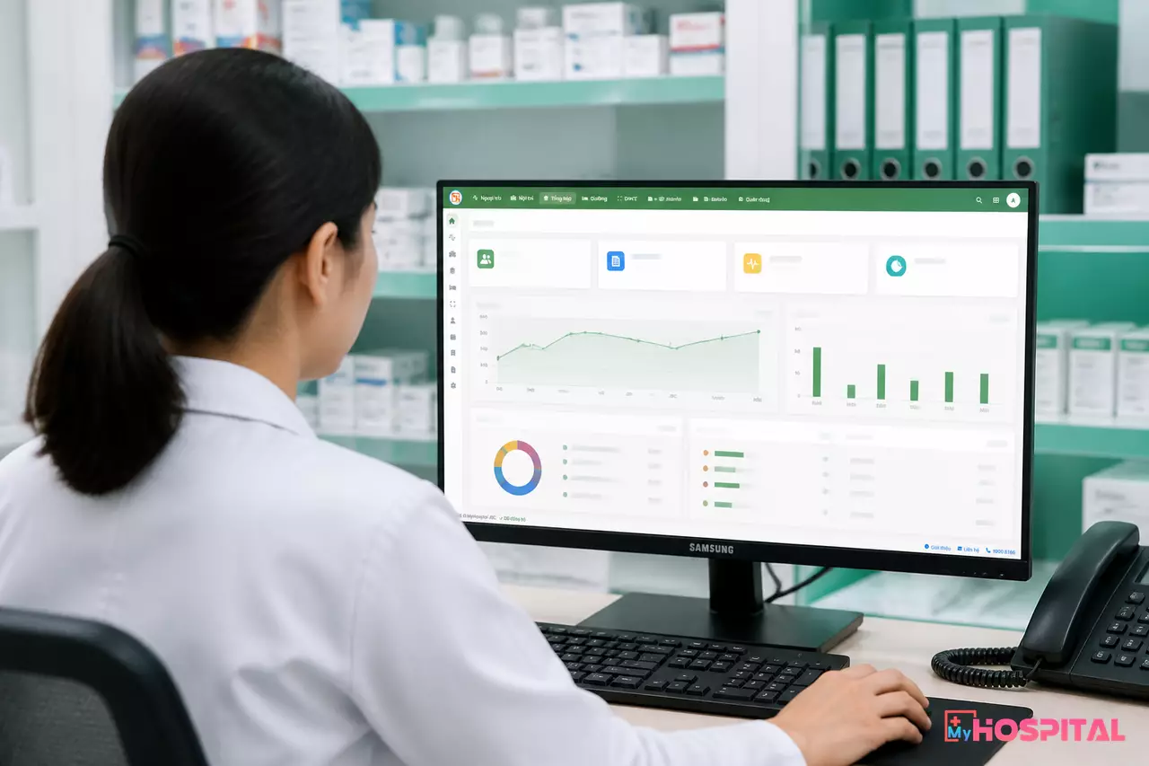 Dược sĩ đứng trước máy tính xem màn hình đề xuất dự trù thuốc trong phòng làm việc khoa Dược