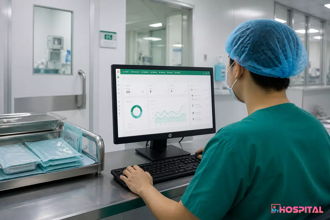Nhân viên phòng mổ thao tác trên máy tính ghi nhận vật tư sử dụng trong ca mổ