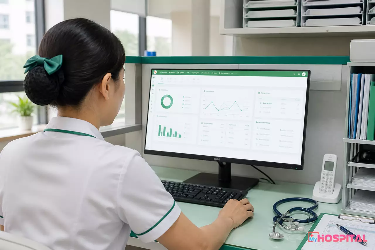 Điều dưỡng đứng tại trạm điều dưỡng xem sơ đồ giường bệnh điện tử trên màn hình máy tính