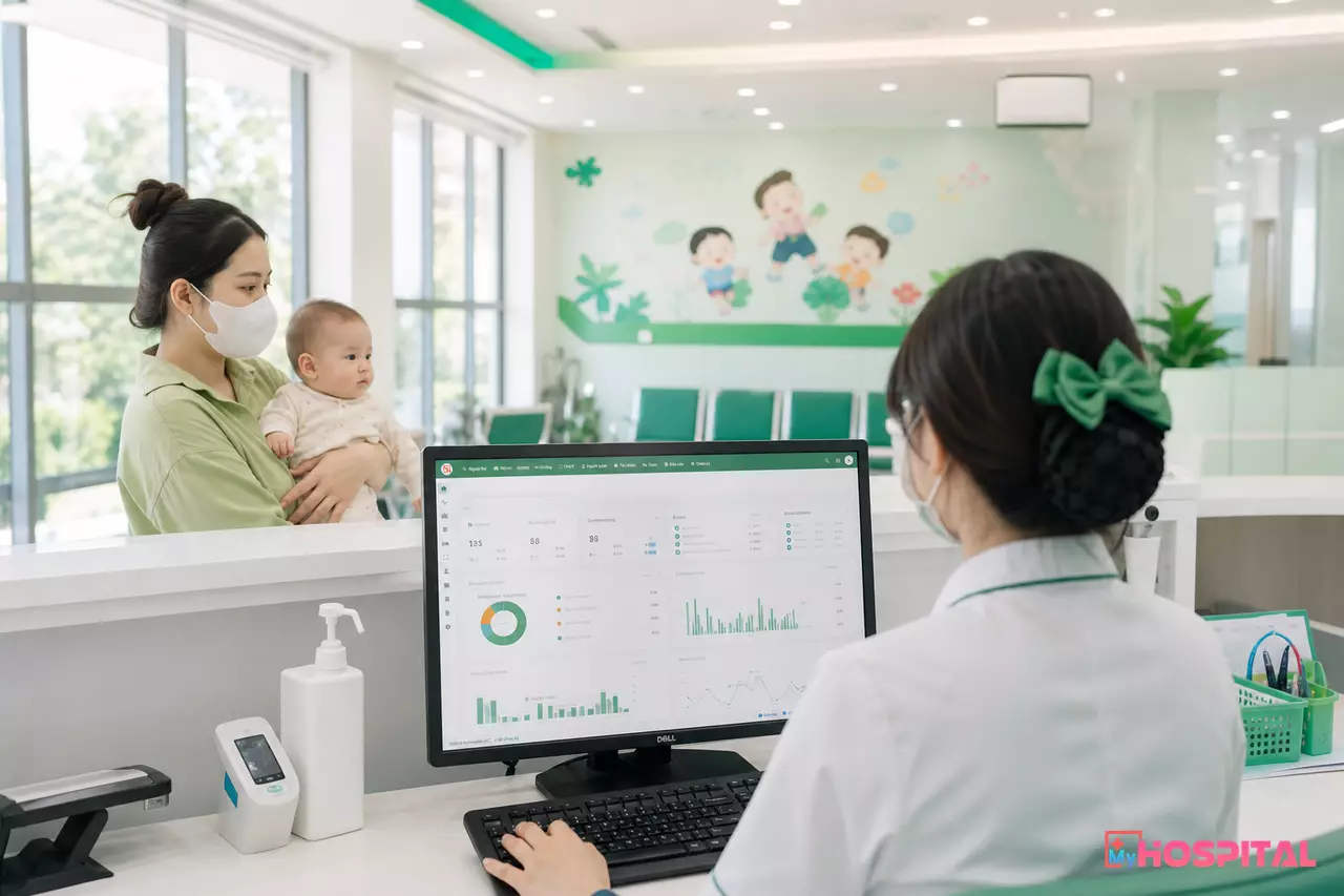 Không gian quầy tiếp đón bệnh viện nhi, nhân viên tiếp đón sử dụng máy tính tra cứu thông tin trong khi người mẹ bế em bé đứng chờ