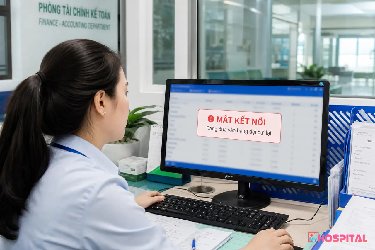 Kế toán viện phí nhìn màn hình báo mất kết nối khi đẩy XML lên Cổng giám định BHYT