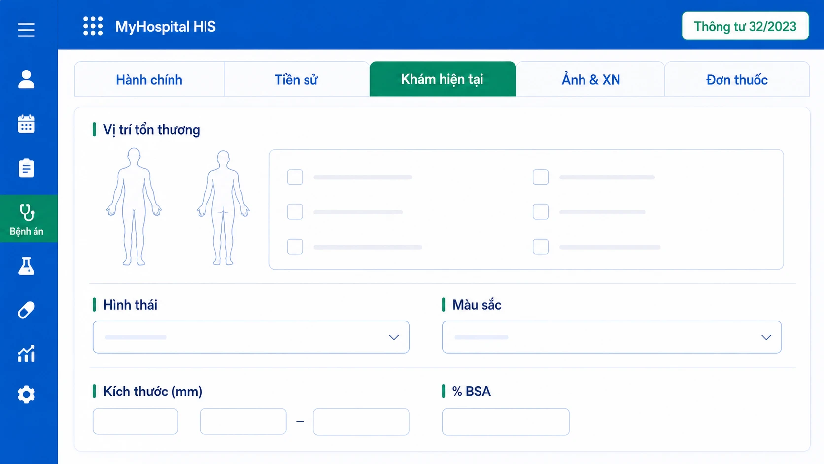 Mẫu bệnh án điện tử da liễu MyHospital HIS - các tab chuyên khoa