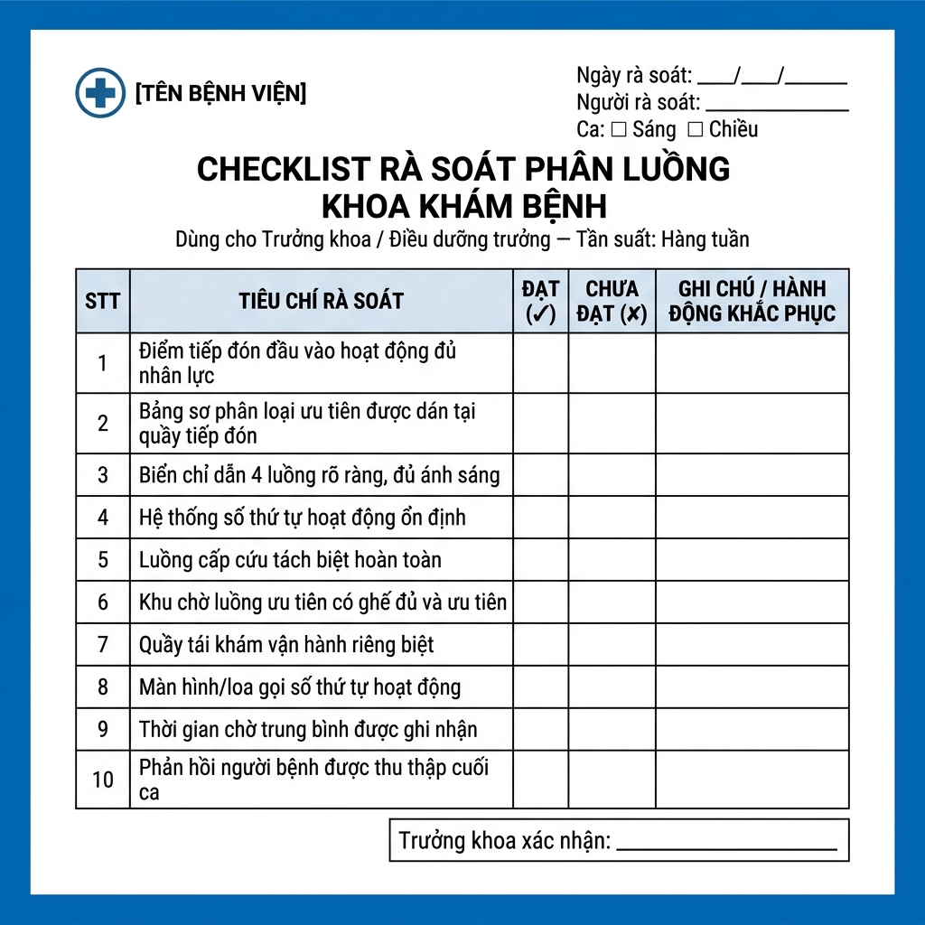 Mẫu checklist phân luồng khoa khám bệnh 10 điểm dùng để rà soát định kỳ