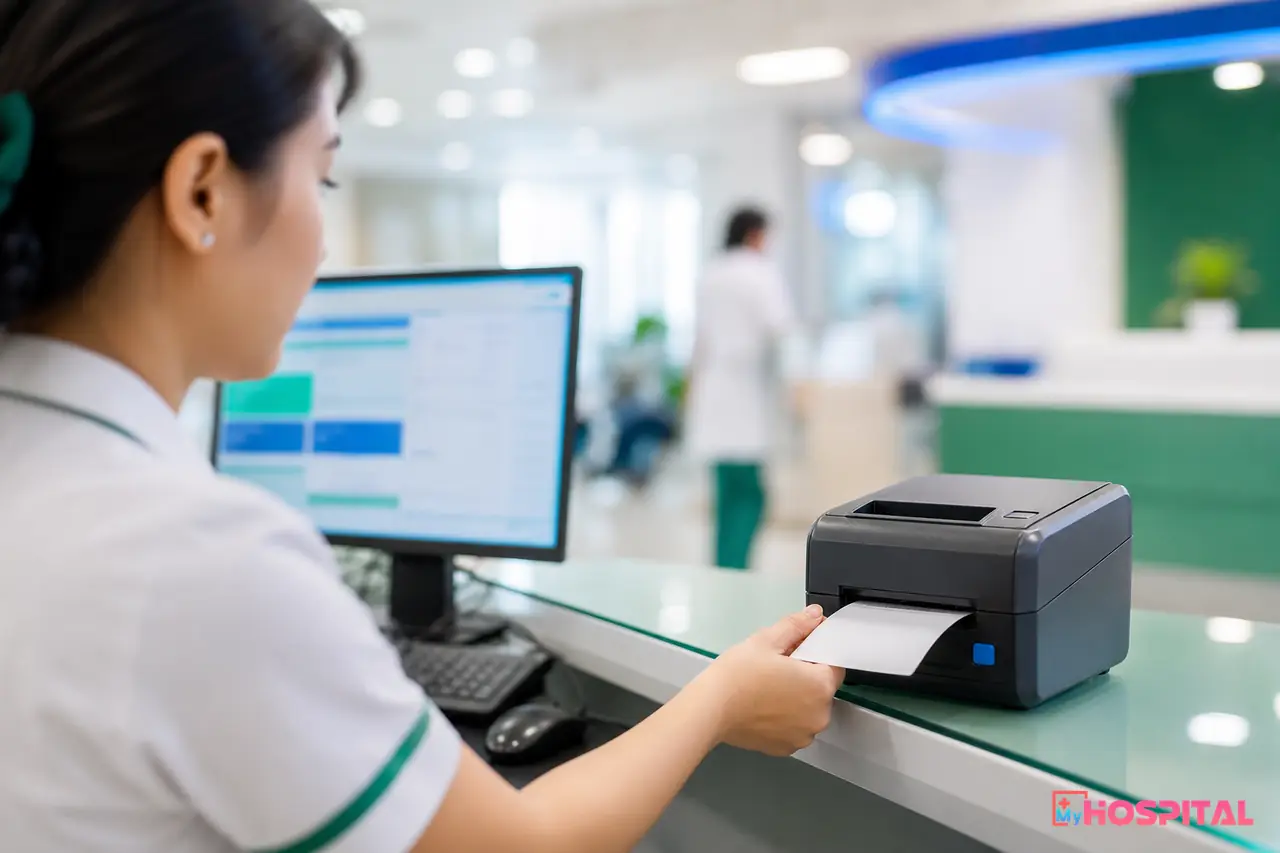 Cận cảnh máy in nhả tờ biên lai viện phí tại quầy thu ngân bệnh viện