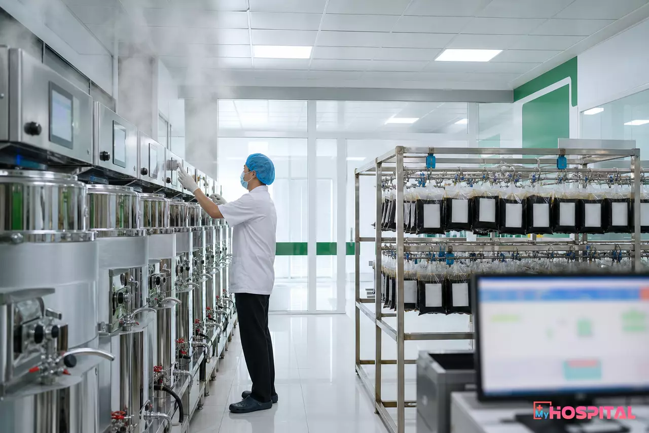 Nhân viên vận hành máy sắc thuốc và đóng gói túi thuốc tại khoa Y học cổ truyền
