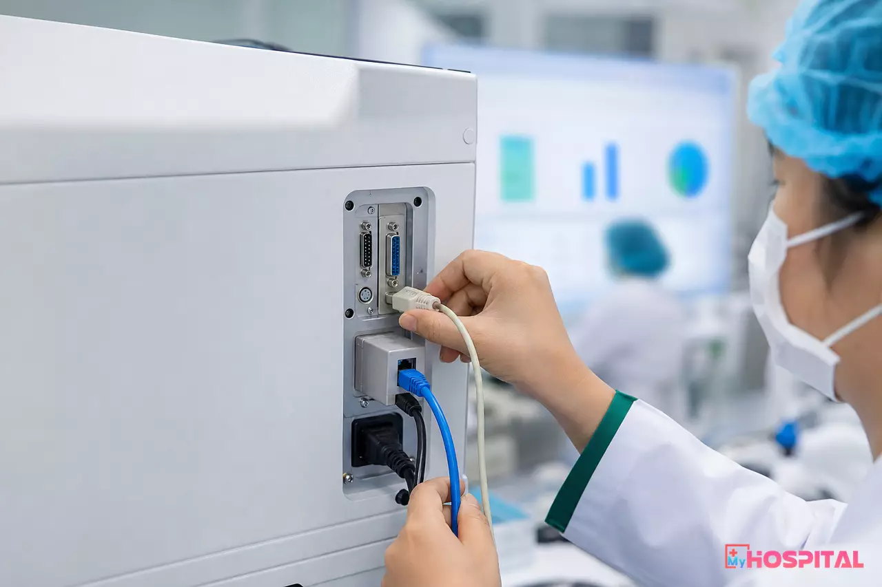 Cáp nối tiếp và cáp mạng cắm sau máy xét nghiệm cho hai kiểu kết nối ASTM và HL7