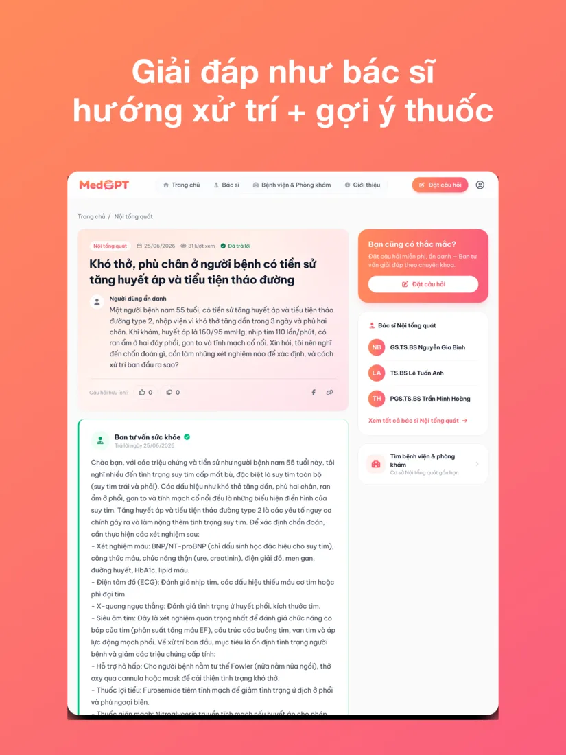 Một câu hỏi ẩn danh trên MedGPT được Ban tư vấn sức khỏe trả lời theo hướng xử trí chuyên khoa