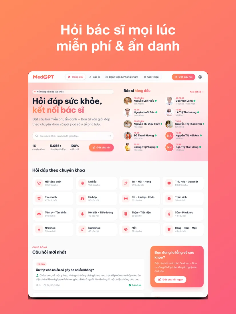 Giao diện MedGPT hiển thị 16 chuyên khoa, hơn 5.000 câu hỏi đã giải đáp và miễn phí hoàn toàn