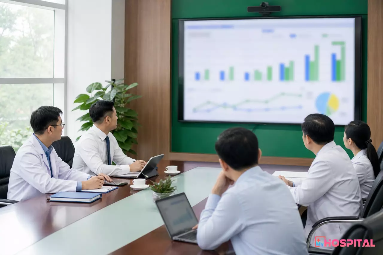 Ban giám đốc bệnh viện họp xem biểu đồ cơ cấu bệnh tật trên màn hình lớn