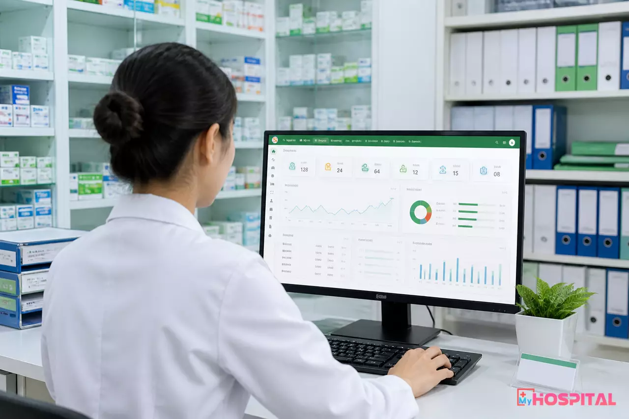 Dược sĩ đứng sau lưng thao tác phần mềm liên thông dữ liệu dược tại quầy nhà thuốc