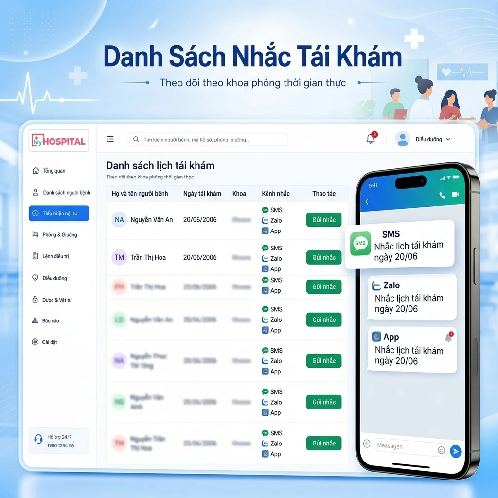 Màn hình HIS nhắc tái khám đa kênh qua SMS và Zalo