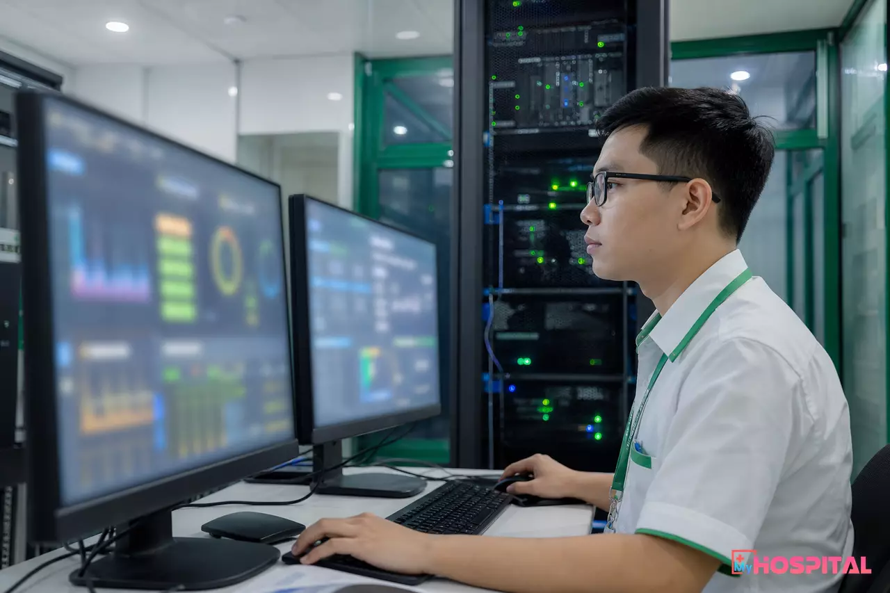 Nhân viên phòng công nghệ thông tin bệnh viện kiểm tra cấu hình kết nối dữ liệu dược
