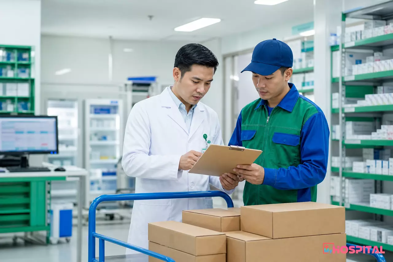 Nhân viên kho dược bệnh viện đối chiếu hóa đơn với nhân viên giao hàng của nhà cung cấp mới