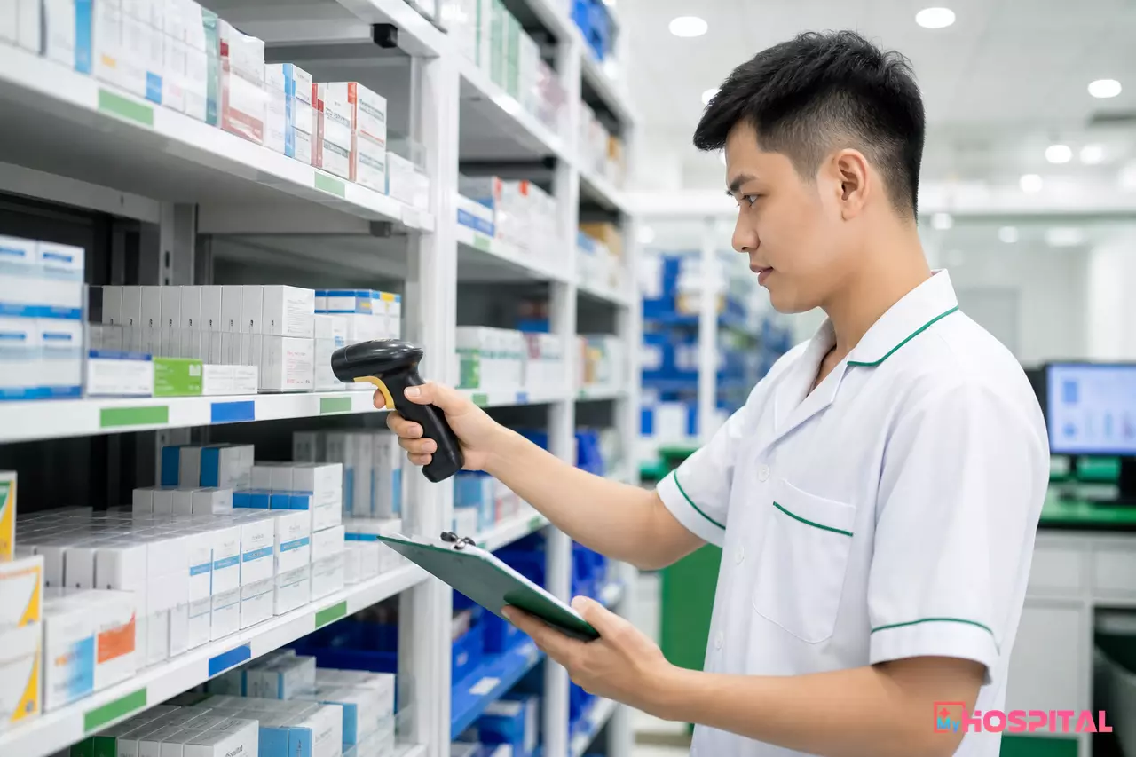 Nhân viên kho dược đối chiếu số lượng thuốc trên kệ bằng máy quét mã vạch cầm tay