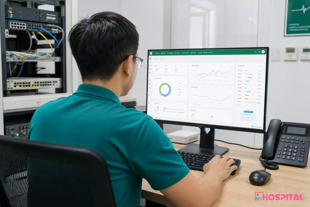 Nhân viên công nghệ thông tin bệnh viện kiểm tra dữ liệu liên thông HL7 tại phòng công nghệ thông tin